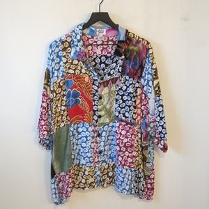 Vintage Audrey Jones Patchwork Quilted Artsy Floral Multicolor Lagenlook Shirt